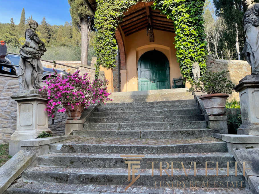 Роскошные ступеньки и статуи у входа в исторический особняк с зелёной дверью, окружённые цветущими растениями на территории элитной недвижимости в Италии.