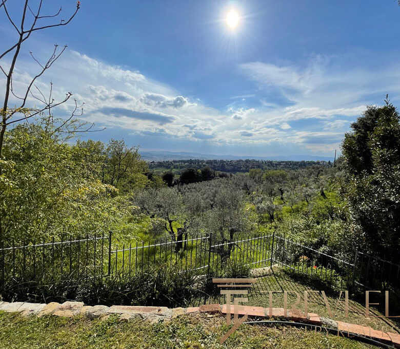 Удивительный вид на зеленый сад с деревьями и облаками, открывающийся с террасы в живописном итальянском районе. Идеально подходит для роскошного отдыха и эксклюзивных недвижимости.