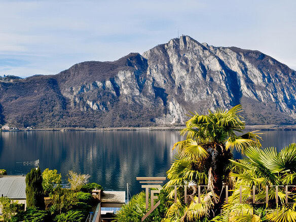Удивительный пейзаж с горными вершинами, отражающимися в спокойных водах озера, и зеленью пальм на переднем плане, создающий атмосферу роскоши и природы.