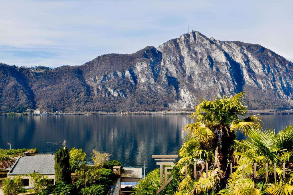 Удивительный пейзаж с горными вершинами, отражающимися в спокойных водах озера, и зеленью пальм на переднем плане, создающий атмосферу роскоши и природы.