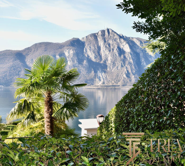 Экзотический ландшафт с пальмами и видом на горы и озеро в роскошных апартаментах Треви Элит.
