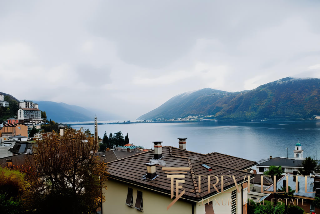 Красивый вид на озеро с жилищными домами и горами, уютная атмосфера, природа и спокойствие, идеально для покупки недвижимости у Треви Элит.