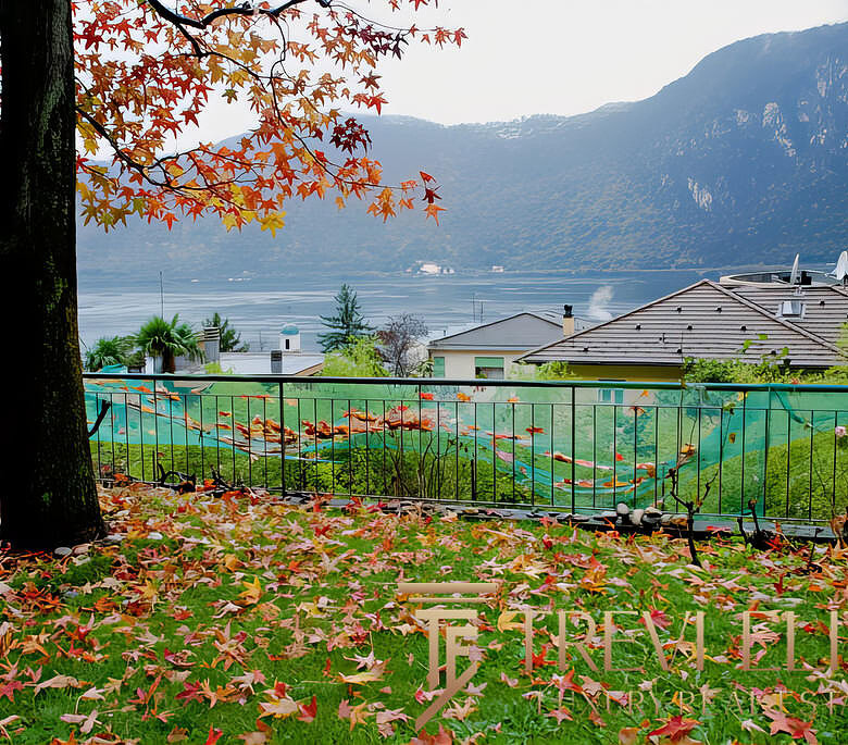 Уютный сад с опадающими осенними листьями, видом на озеро и горы, расположенный в владении недвижимости Треви Элит.