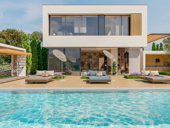 Изображение современного загородного дома с бассейном и уютной зоной отдыха с лежаками и зонтиками на террасе.