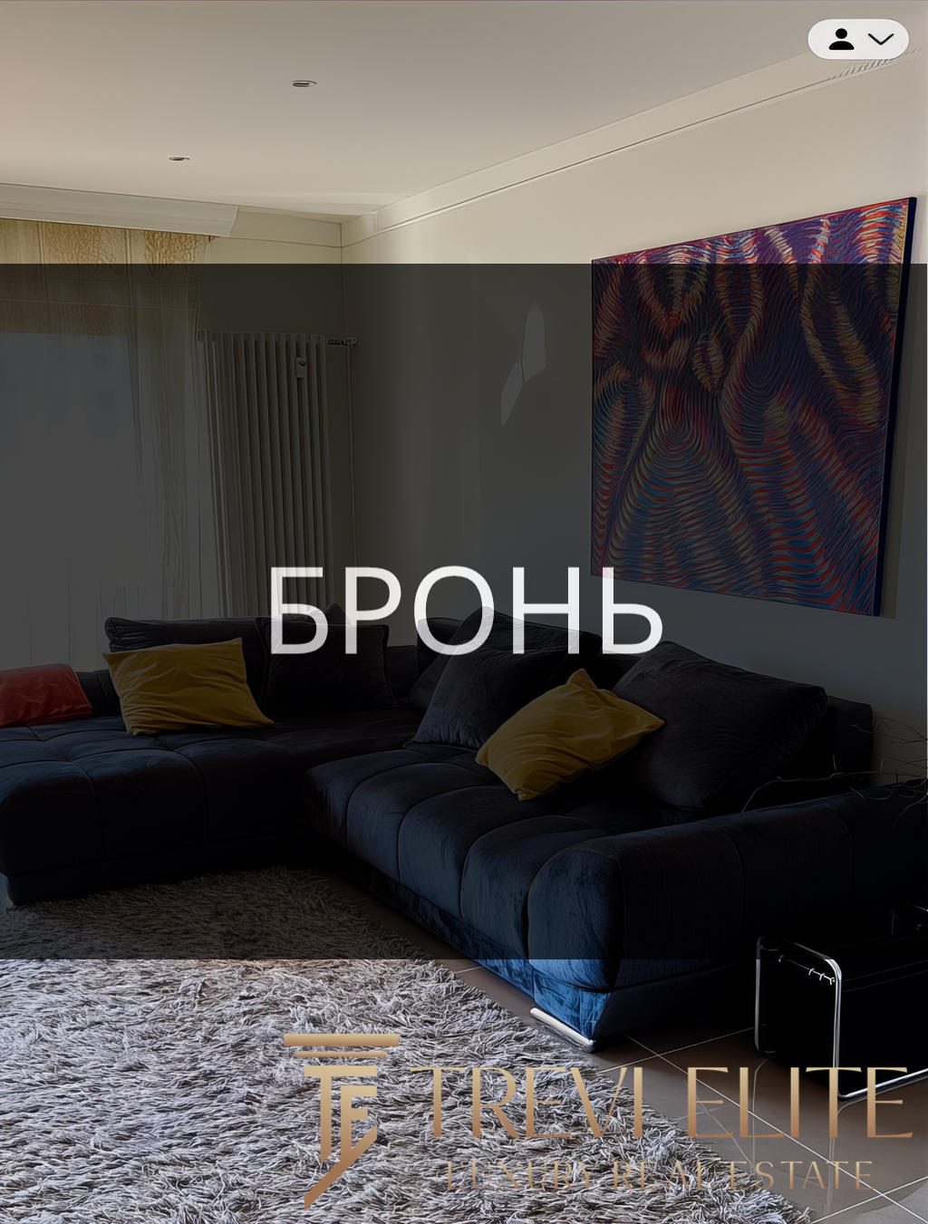 Высокотехнологичный дизайн гостиной с современной мебелью и ярким абстрактным искусством на стене. Просторное и уютное помещение с мягким ковром и стильными подушками.