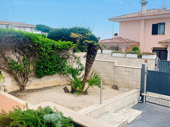 Улица с ухоженным садом и пальмами рядом с частным домом в солнечную погоду.