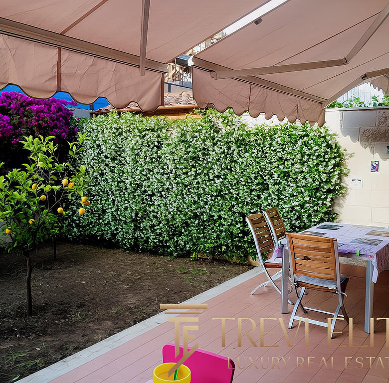 - Иллюстрация уютной террасы с цветущими деревьями и навесом, идеально для отдыха и семейных вечеров.