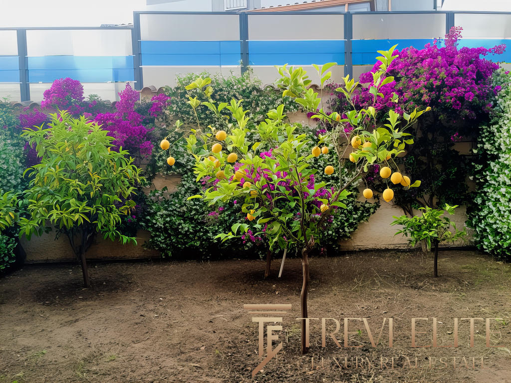 Яблоня с плодами на фоне цветущих декоративных растений и забора, часть ландшафтного дизайна частного дома.