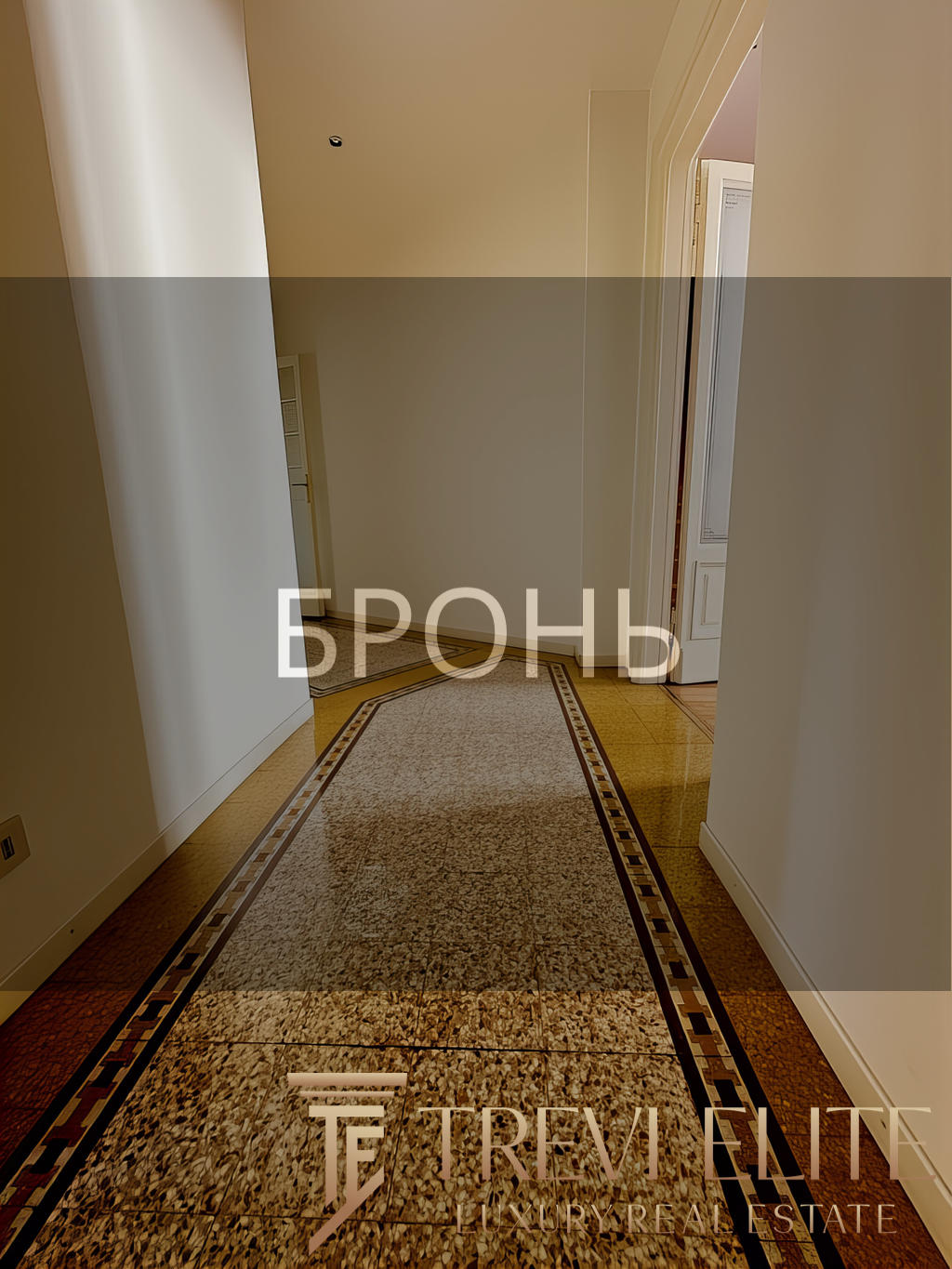 Высококачественный интерьер коридора в современном жилом доме. Теплое освещение, гладкие стены и укороченный ковровый дорожка создают уютную атмосферу. Идеальное изображение для риелторского агентства Треви Элит.