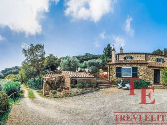 Уединенный роскошный дом из камня на холме с видом на природу, окруженный деревьями, с уютной террасой и зеленым садом для элитного отдыха.