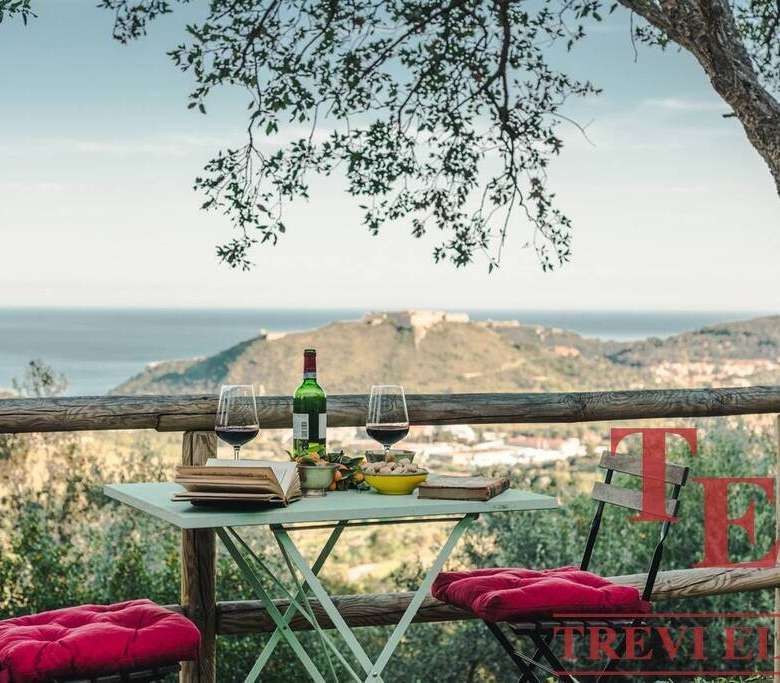 Уютный стол с вином и закусками на террасе с видом на море и холмы, идеально для романтического ужина или отдыха с природой.