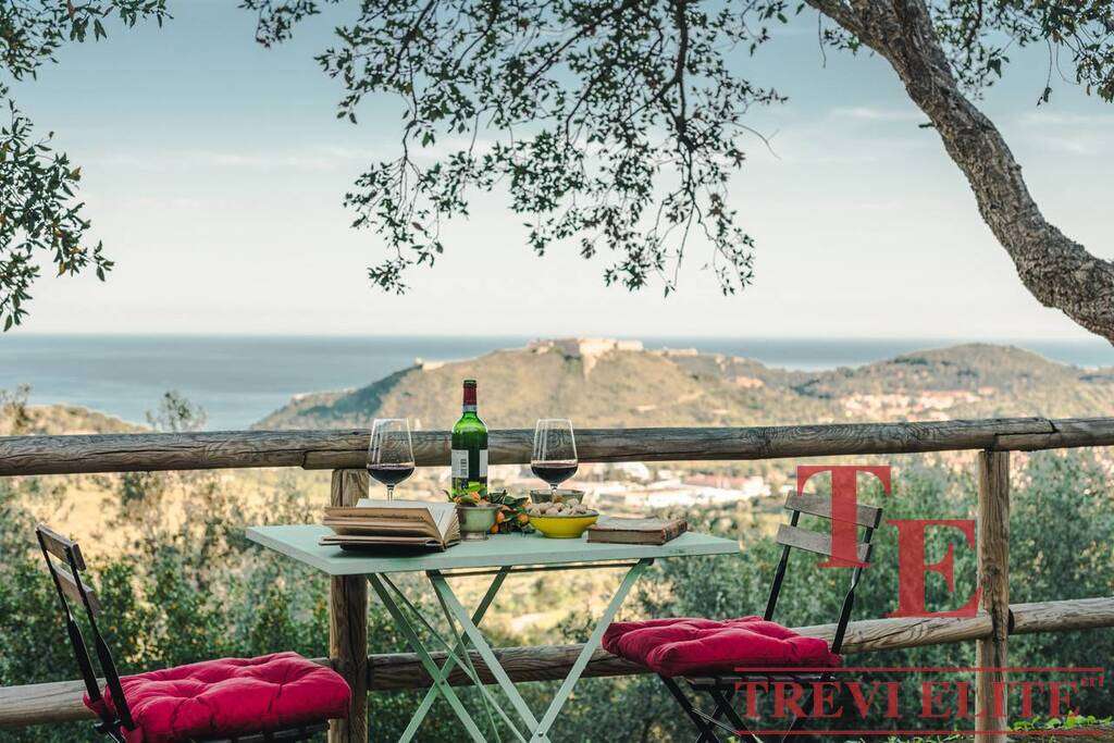 Уютный стол с вином и закусками на террасе с видом на море и холмы, идеально для романтического ужина или отдыха с природой.