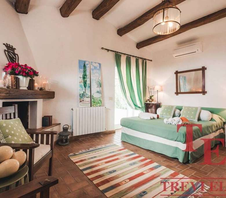 Элегантная гостиная с уютной атмосферой, деревянными потолочными балками, зеленым диваном и яркими аксессуарами, идеально подходит для роскошной жизни в лучших итальянских и мировых апартаментах.