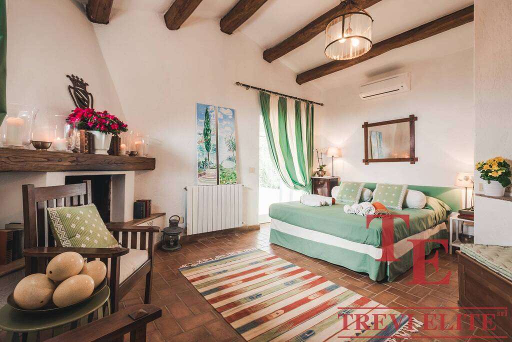 Элегантная гостиная с уютной атмосферой, деревянными потолочными балками, зеленым диваном и яркими аксессуарами, идеально подходит для роскошной жизни в лучших итальянских и мировых апартаментах.