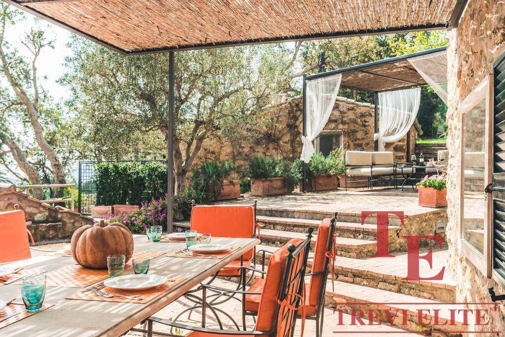 Уютный уличный обеденный уголок на террасе, окруженный зеленью и зелеными деревьями. Эргономичная мебель и декоративные элементы создают атмосферу комфорта и уединения под деревянным навесом.