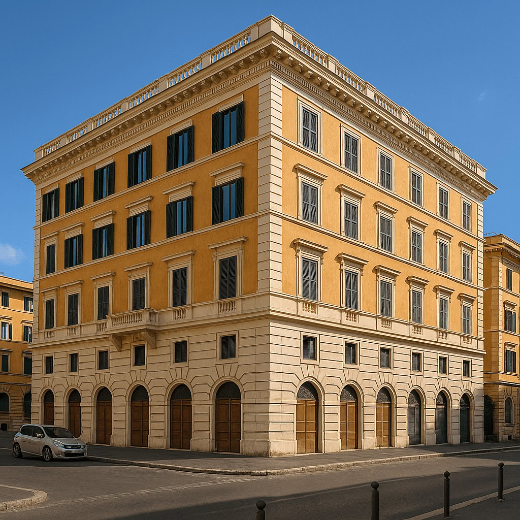 Купить Отели 4* в Италии Элитное здание в классическом стиле на солнечной улице с ярко-голубым небом на заднем плане.