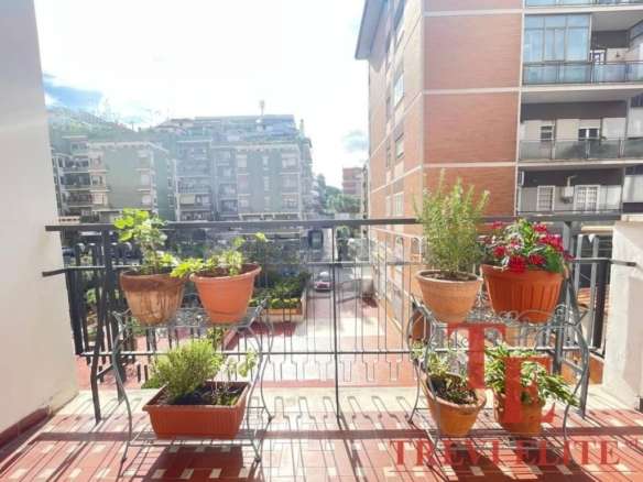 Ящик с цветами на балконе жилого комплекса, вид на городские здания и улицы.