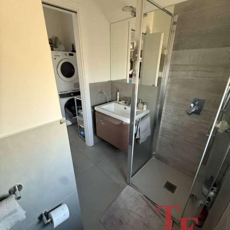 Современная ванная комната с душевой кабиной, стиральной машиной и аккуратным интерьером, создающая комфорт и уют в элитной недвижимости от Треви Элит.