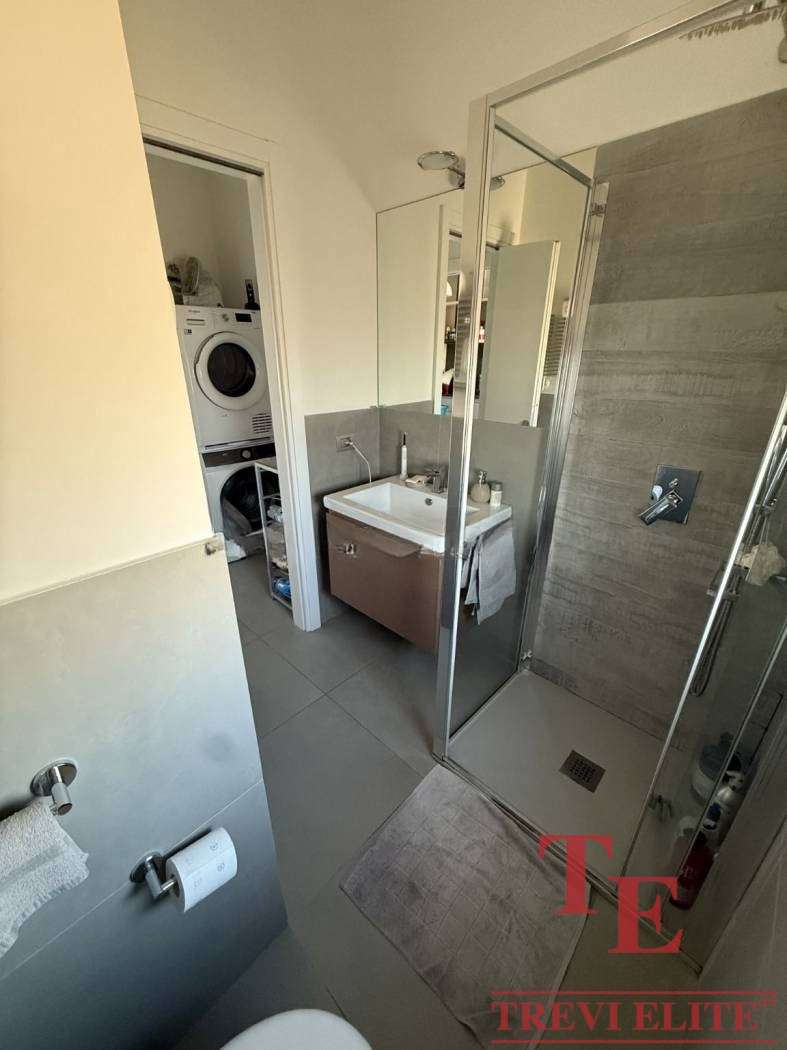 Современная ванная комната с душевой кабиной, стиральной машиной и аккуратным интерьером, создающая комфорт и уют в элитной недвижимости от Треви Элит.
