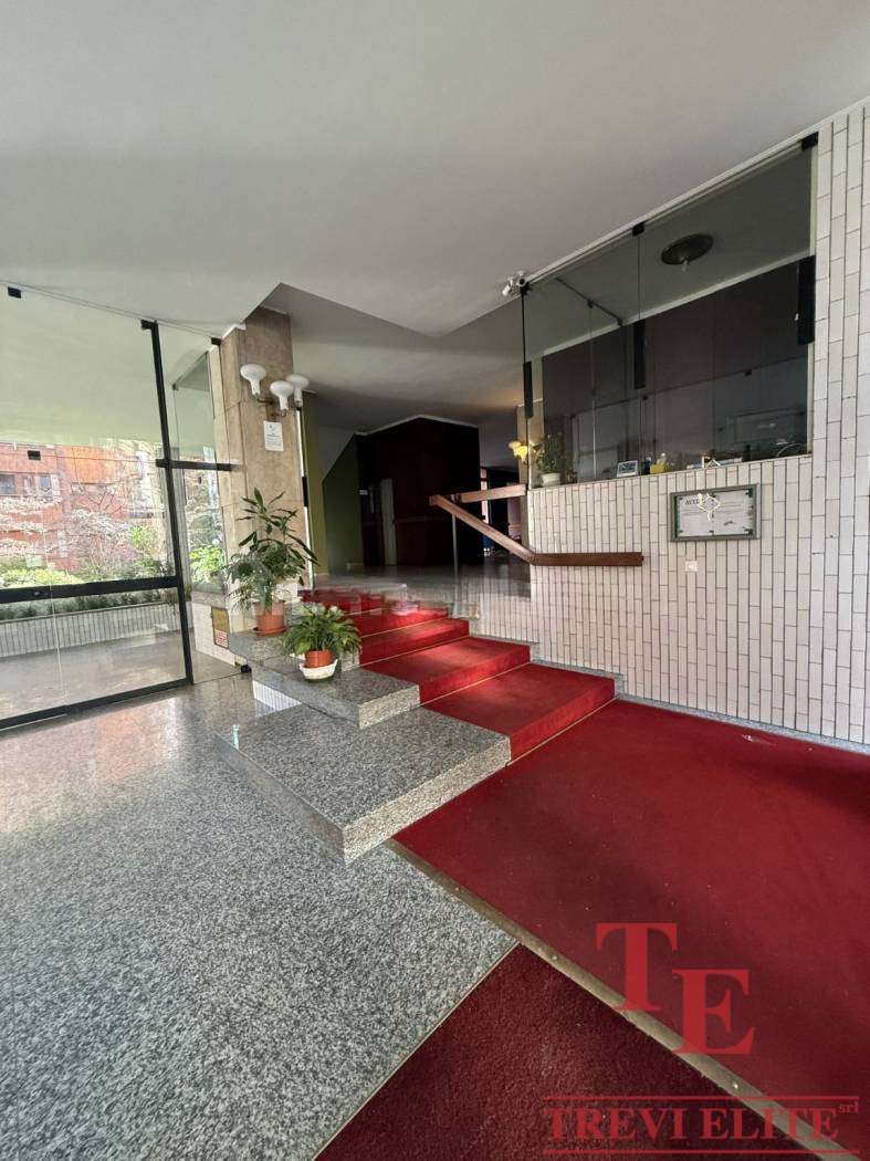 Современный вход в элитное офисное здание, интерьеры с мраморной отделкой, уютные растения и удобные ступени, идеально подходящий для клиентов агентства недвижимости.