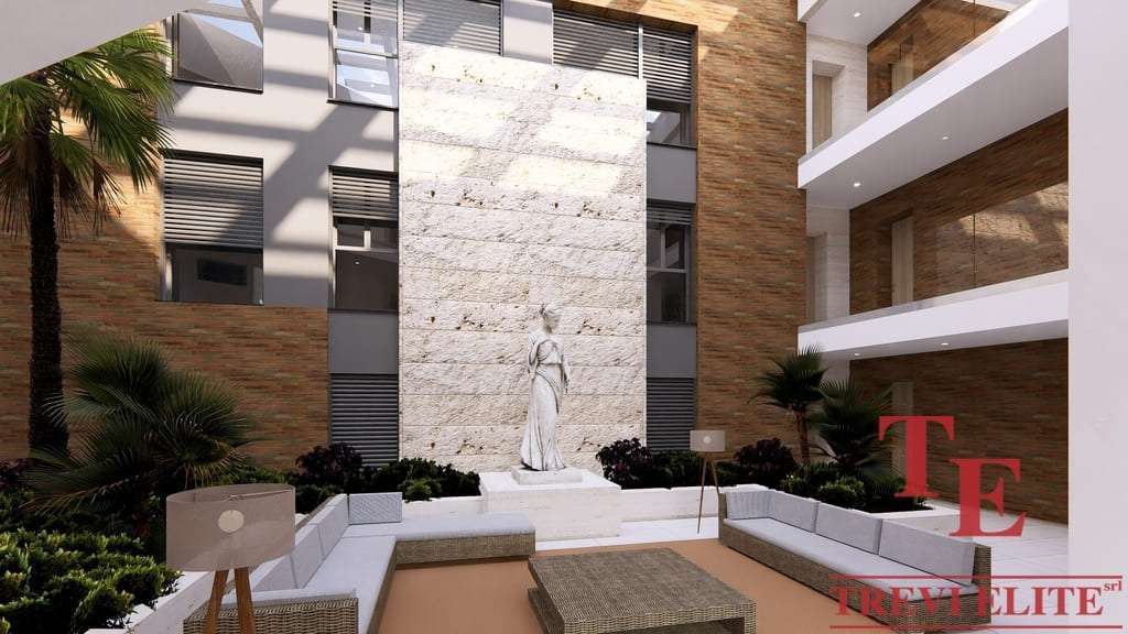 Элитное внутреннее дворик с современным дизайном, статуя и уютной зоной отдыха в роскошной итальянской недвижимости.