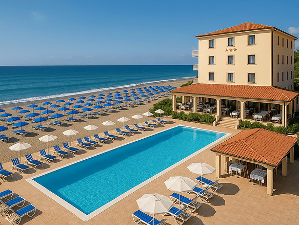 Роскошный отель на берегу моря с бассейном и панорамным видом на океан, окружённый пляжами с зонтами и шезлонгами, идеально подходит для отдыха и проживания в эксклюзивной недвижимости.