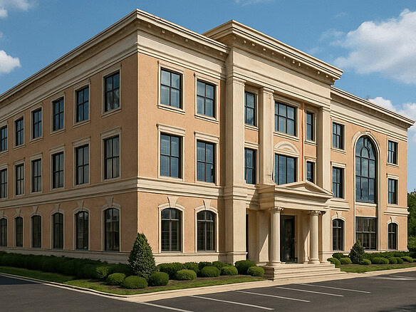 Элегантный многоэтажный особняк в классическом стиле с просторными окнами и ухоженным ландшафтом на фоне голубого неба. Подходит для престижных жилых и коммерческих целей.