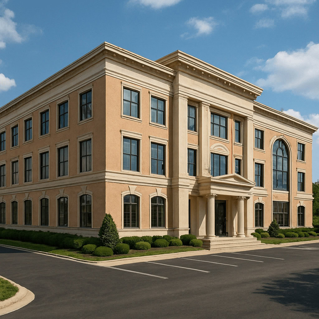 Элегантный многоэтажный особняк в классическом стиле с просторными окнами и ухоженным ландшафтом на фоне голубого неба. Подходит для престижных жилых и коммерческих целей.