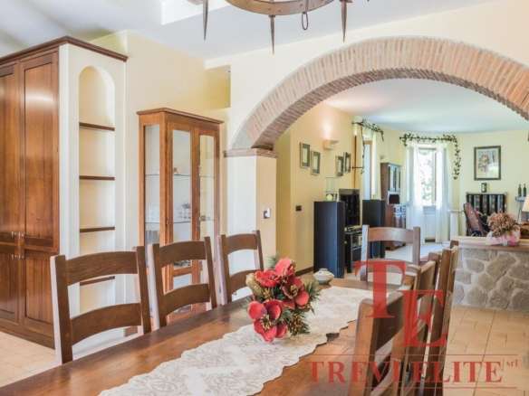 Современный интерьер уютного дома с деревянной мебелью, цветами и каменной отделкой, часть кухни и гостиной, светлые стены и большие окна.