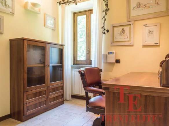 Элегантная мебель в уютном офисе с окнами, пропускающими естественный свет, стильный деревянный шкаф и классический офисный стул создают комфортную атмосферу для работы.