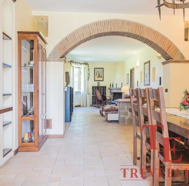 Внутренний дизайн просторной гостиной с обеденной зоной, аркой из кирпича, деревянной мебелью и уютной атмосферой, идеальной для элитных итальянских и зарубежных недвижимости.