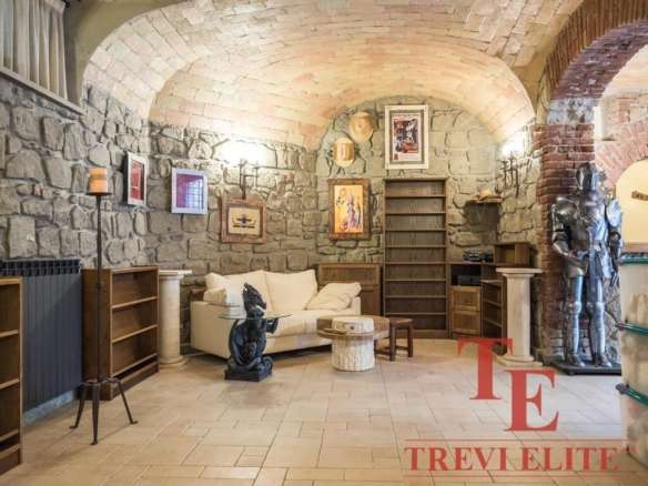 Красивая гостиная в стиле рустик с каменными стенами, арками и антикварной мебелью, украшенная картинами и скульптурами, создающая уютную атмосферу элитной недвижимости.