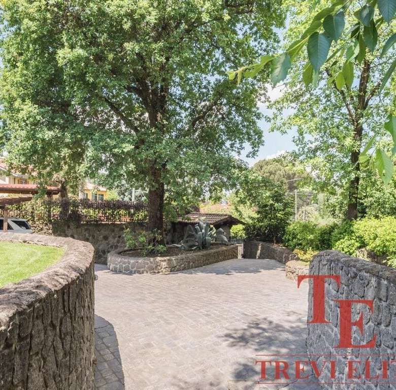 Крупный зеленый дуб, аллея и уютная территория загородного участка с каменными ограждениями и парковкой, предназначенные для элитной недвижимости и эксклюзивных объектов в Италии и по всему миру.