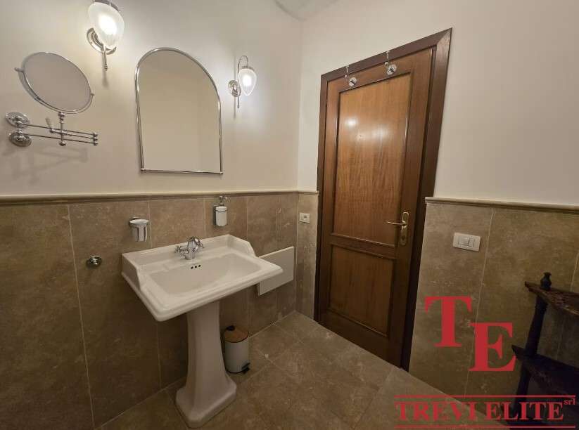 Элегантная ванная комната с классическим дизайном, просторным раковином и деревянной дверью в роскошной недвижимости высокого класса.