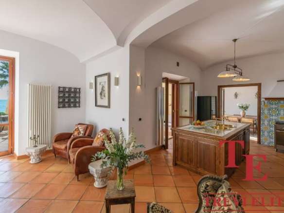 уютная гостиная с видом на море, просторная и светлая, шикарный интерьер с камином и уютной мебелью, идеальное место для отдыха в эксклюзивной недвижимости Треви Элит.