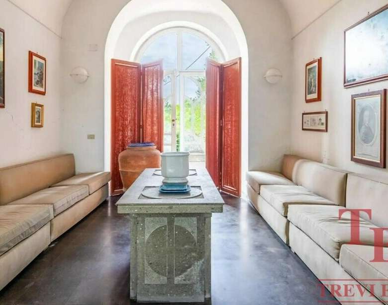 Элегантная гостиная в роскошной итальянской недвижимости с светлыми диванами, искусственными картинами и ярким светом, входом через арку с деревянными дверями.