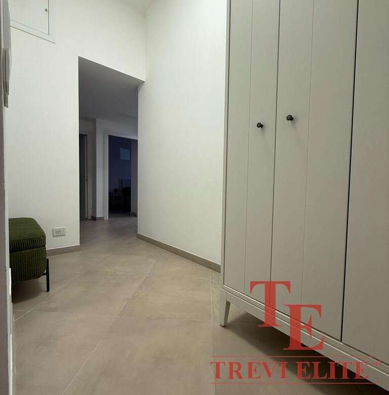 Просторный коридор с белыми стенами и вместительным шкафом, выполненным в светлом цвете, в современном стиле. Идеально подходит для хранения одежды и аксессуаров в элитной квартире.