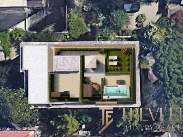 Рендер панорамного вида на роскошный частный дом с бассейном и уютной террасой, окруженный зеленью и современным дизайном, идеально подходящий для взыскательных клиентов.