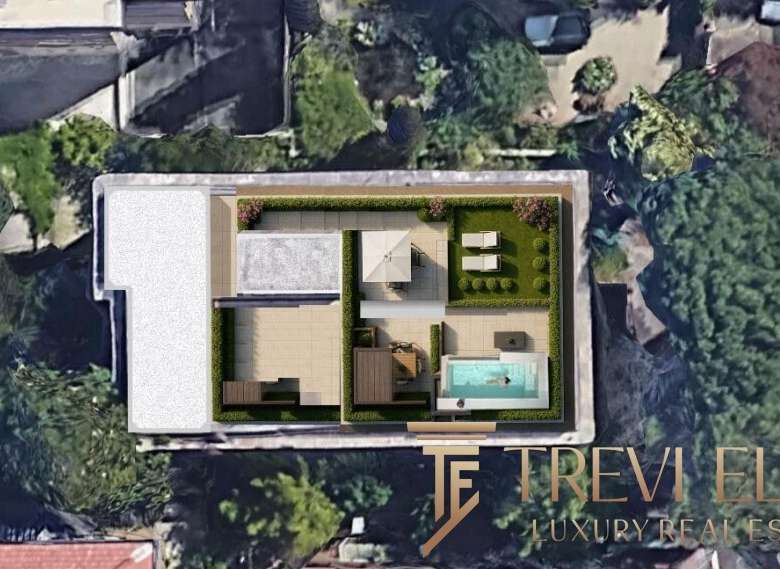 Рендер панорамного вида на роскошный частный дом с бассейном и уютной террасой, окруженный зеленью и современным дизайном, идеально подходящий для взыскательных клиентов.