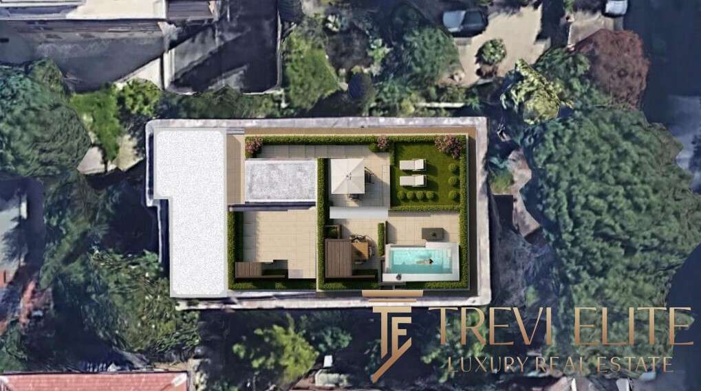 Рендер панорамного вида на роскошный частный дом с бассейном и уютной террасой, окруженный зеленью и современным дизайном, идеально подходящий для взыскательных клиентов.