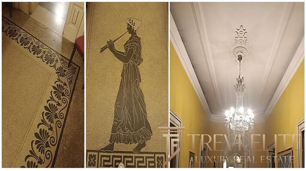 Высококачественный интерьер элитного особняка с изысканным орнаментом и классическими деталями, украшенный хрустальной люстрой и классическими мотивами, подчеркивающими роскошь и элегантность.