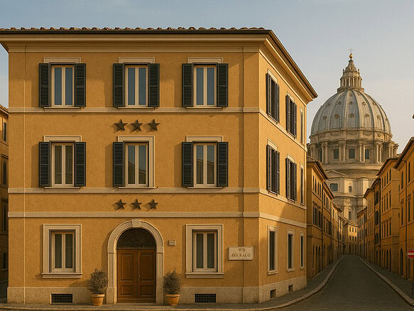 Элитное здание в Риме с видом на Купол Святого Петра, стильная архитектура, уютные окна с черными ставнями, фасад в теплых тонах, идеально для представления роскошных итальянских объектов.