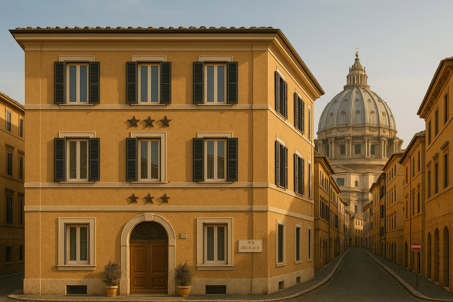Элитное здание в Риме с видом на Купол Святого Петра, стильная архитектура, уютные окна с черными ставнями, фасад в теплых тонах, идеально для представления роскошных итальянских объектов.