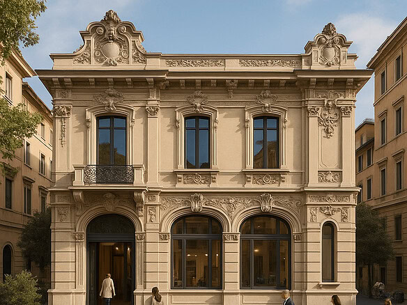 Роскошное здание в стиле классической архитектуры, фасад с барочными элементами, большие окна, вход с арками, престижный городской район, престижное агентство недвижимости Треви Элит.