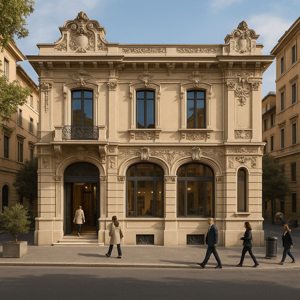 Роскошное здание в стиле классической архитектуры, фасад с барочными элементами, большие окна, вход с арками, престижный городской район, престижное агентство недвижимости Треви Элит.