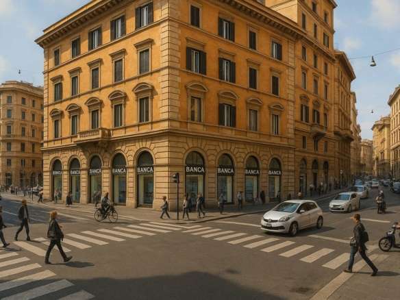 Высотное жилое здание в центре города с историческим фасадом, окруженное пешеходами, автомобилями и велосипедистами, а также магазинами на первом этаже.