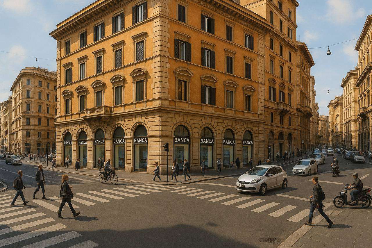 Высотное жилое здание в центре города с историческим фасадом, окруженное пешеходами, автомобилями и велосипедистами, а также магазинами на первом этаже.