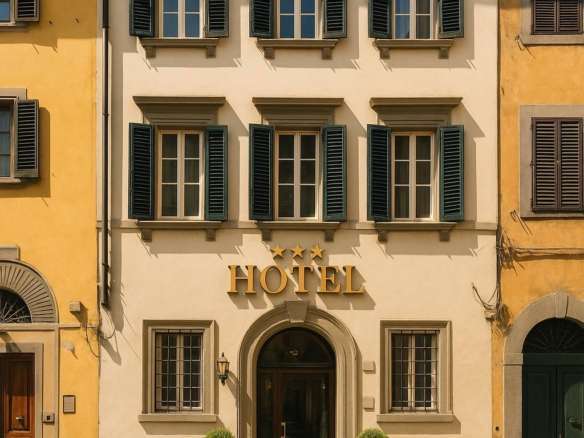 Элитное отельное здание в центре города, кирпичные стены, оригинальные оконные рамы с лоджиями, роскошная архитектура, уютные горшки с зеленью у входа. Отличное визуальное решение для привлекательного жилья высокого класса.