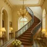 Изящный вход с люстрой и винтовой лестницей в роскошном особняке с классическим интерьером и светлыми стенами, украшенными живописными картинами.