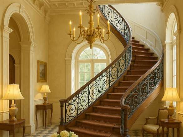 Изящный вход с люстрой и винтовой лестницей в роскошном особняке с классическим интерьером и светлыми стенами, украшенными живописными картинами.